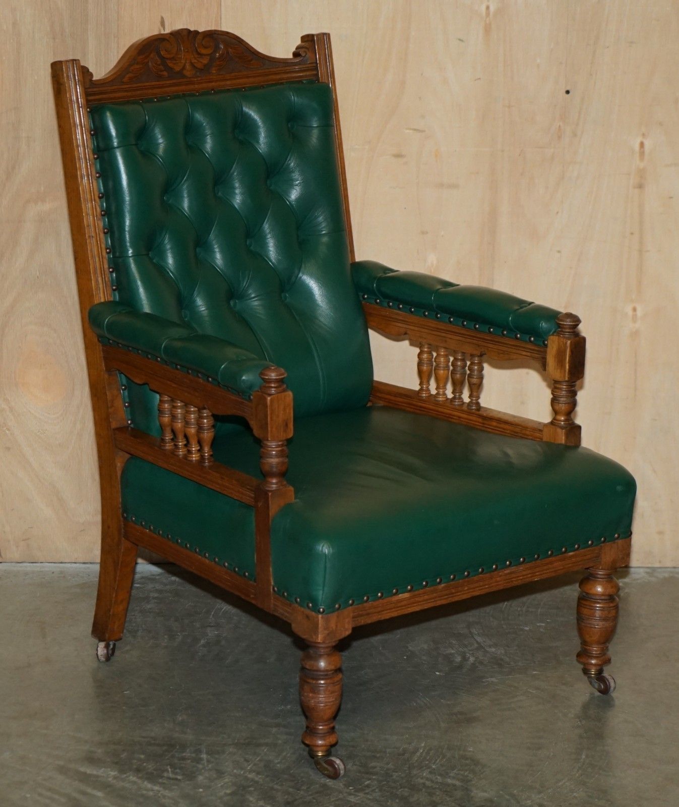 Pair Of Antique Victorian Hand Carved English Oak & Leather Library Armchairs photo furniture