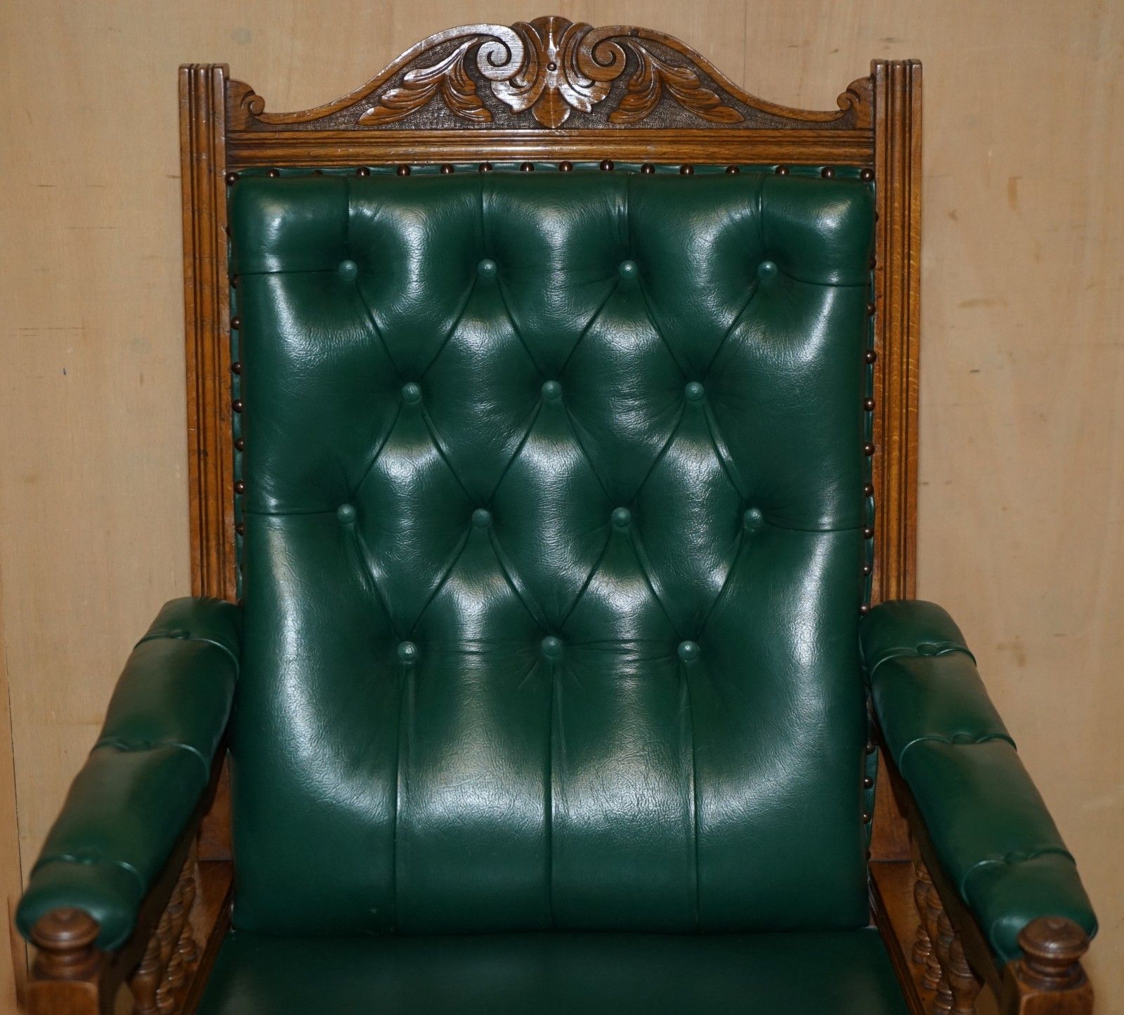 Pair Of Antique Victorian Hand Carved English Oak & Leather Library Armchairs photo Furniture
