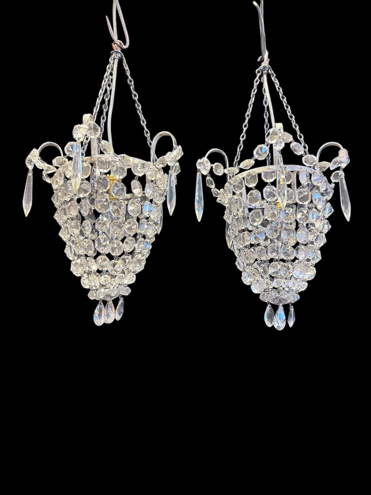 photo for sale A Pair Of One Light English Antiqe Silver Bag Chandeliers