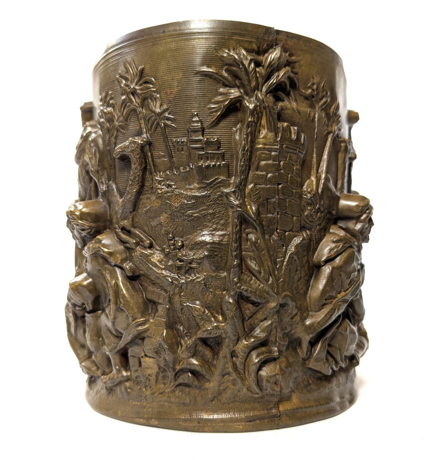 Antique Orientalist Brass Cylindrical Repousse Desert Scene In High Relief photo furniture