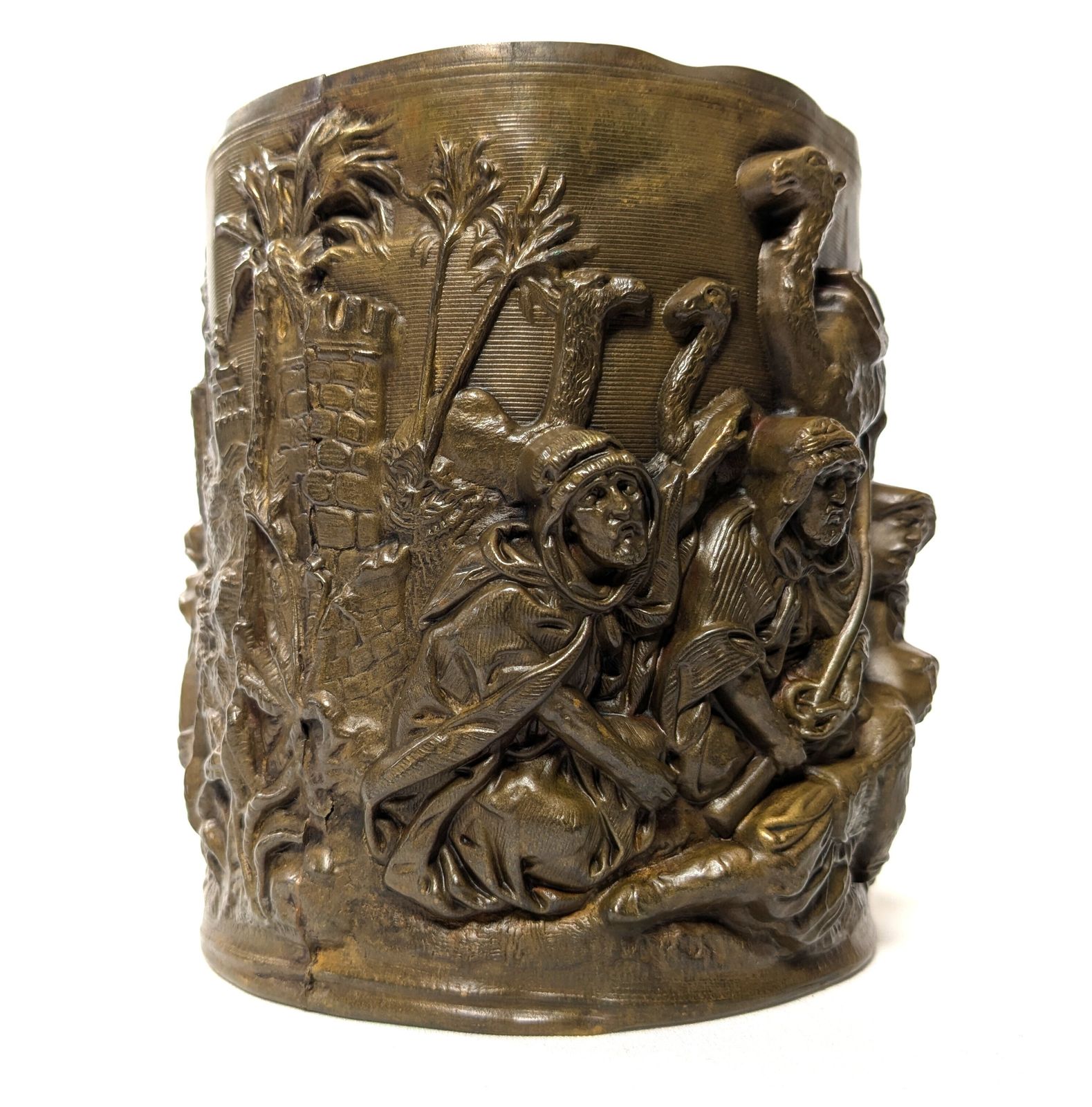 Antique Orientalist Brass Cylindrical Repousse Desert Scene In High Relief photo for sale