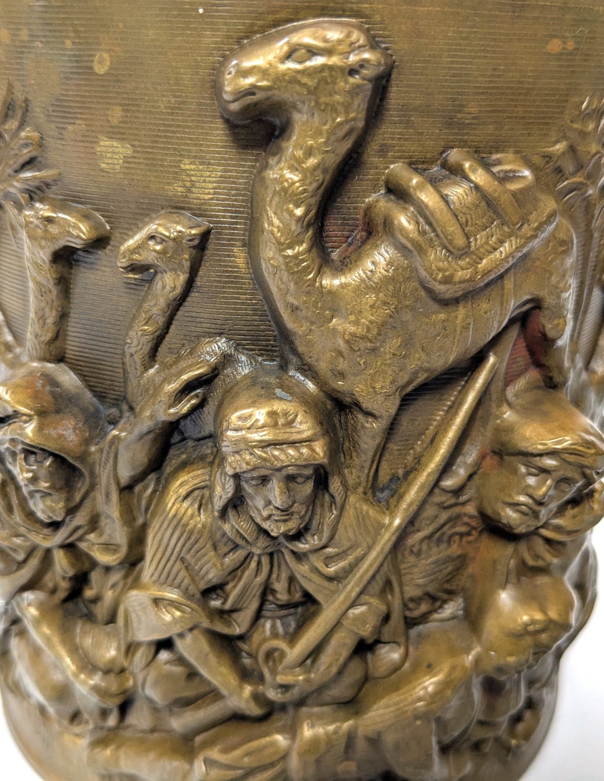 Antique Orientalist Brass Cylindrical Repousse Desert Scene In High Relief photo buy