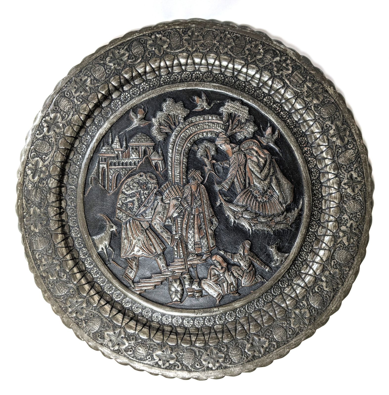 Antique Islamic Qajar Tinned Brass Charger With Intricate Hammered And Etched Scenery