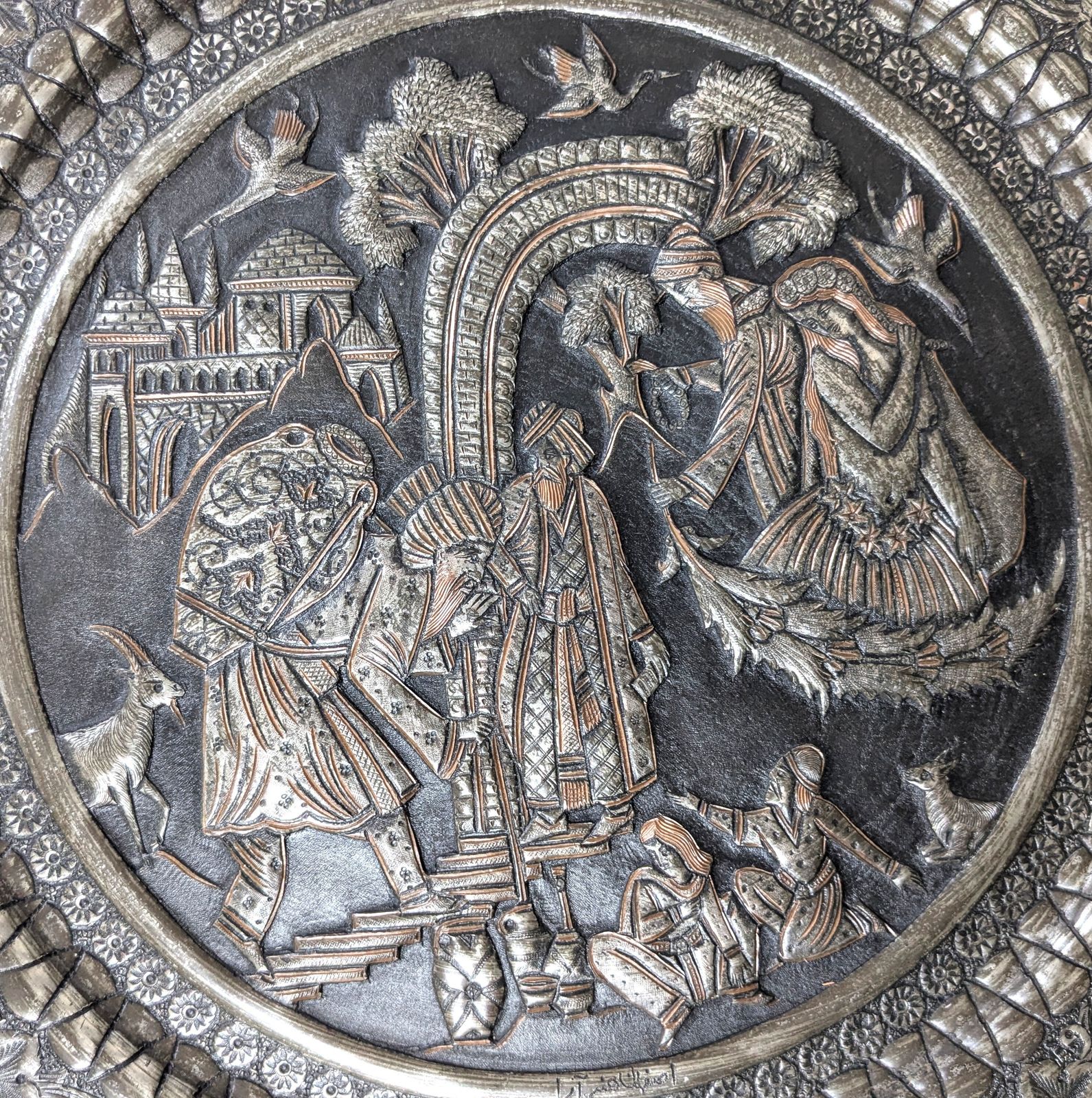 Antique Islamic Qajar Tinned Brass Charger With Intricate Hammered And Etched Scenery photo for sale