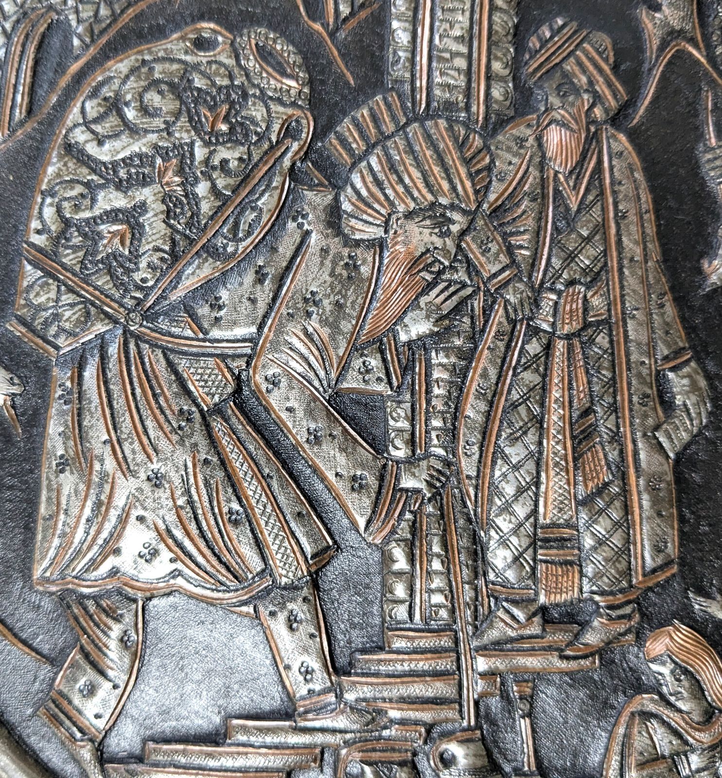 Antique Islamic Qajar Tinned Brass Charger With Intricate Hammered And Etched Scenery photo 500.0