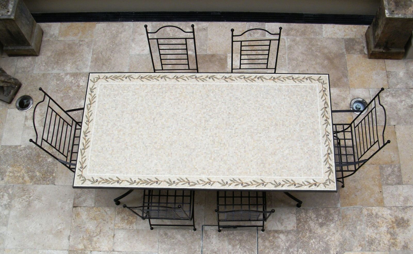 Tavole Calde 200cm Handmade Roman Stone Mosaic Tiled Table   Olive Design   Solid Anda Iron Base, With 2 Products Old Stock Unused & New photo Furniture