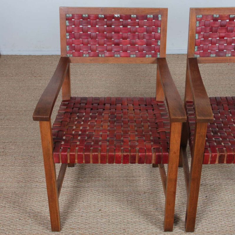 Pair Of 1950s Bridges Armchairs In Wood And Leather photo Furniture