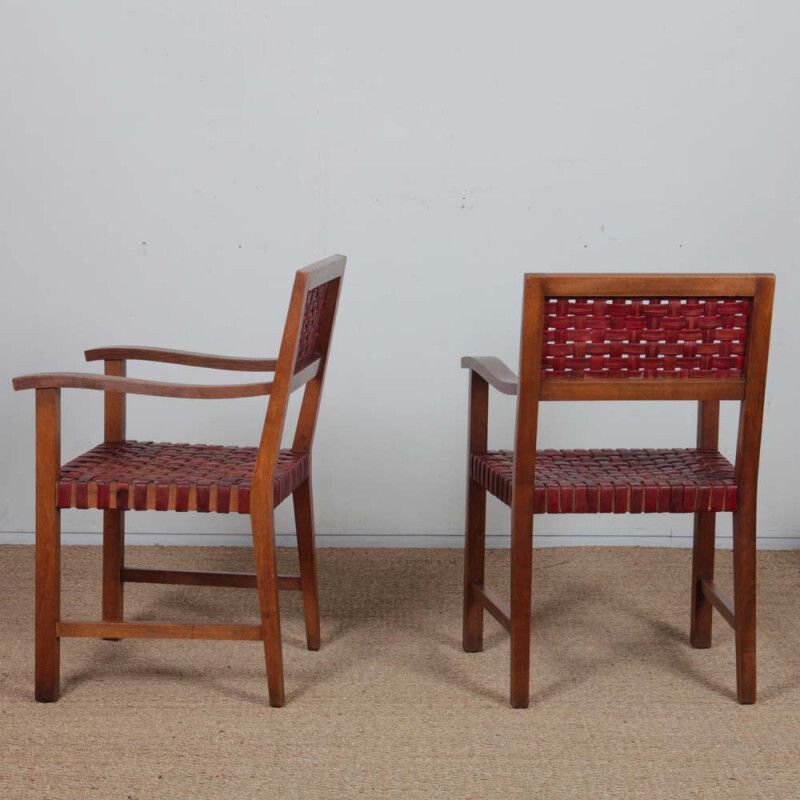Pair Of 1950s Bridges Armchairs In Wood And Leather photo vintage
