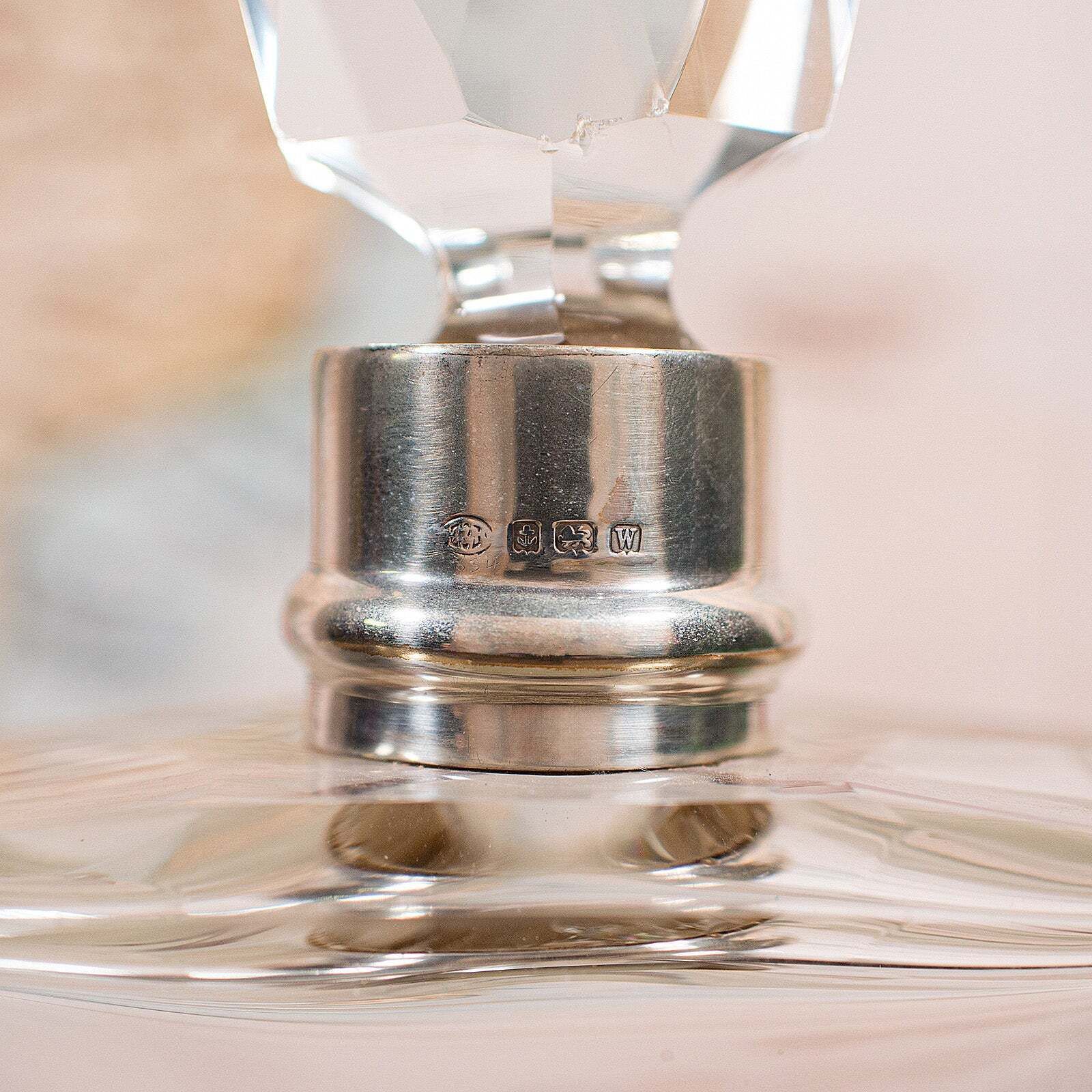 Antique Whiskey Decanter, English Glass Scotch Bottle, Silver Collar, Hallmarked photo vintage