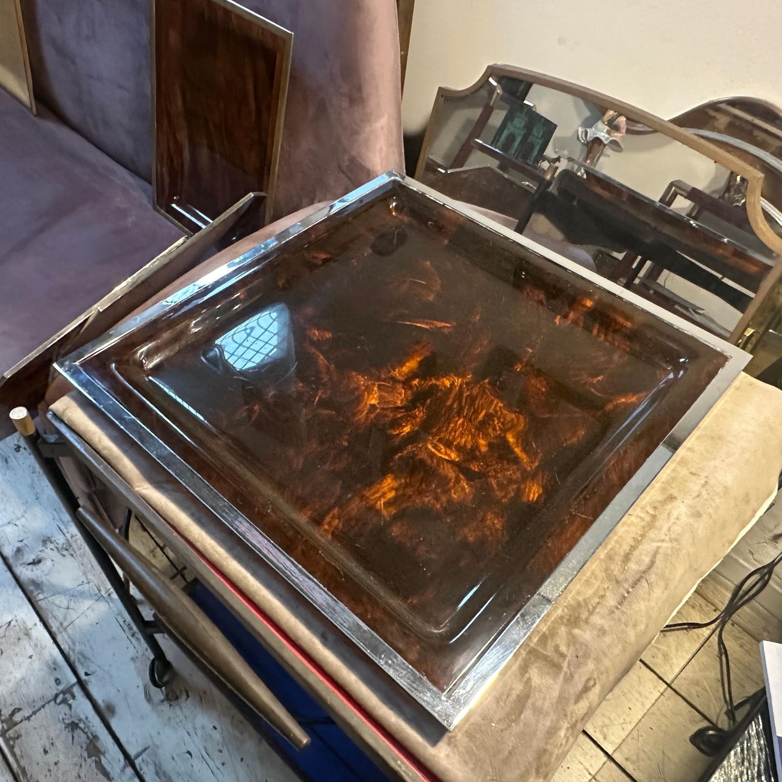 photo for sale 1980s Modernist Faux Tortoiseshell Lucite Square Tray By Ulderico Cavinato