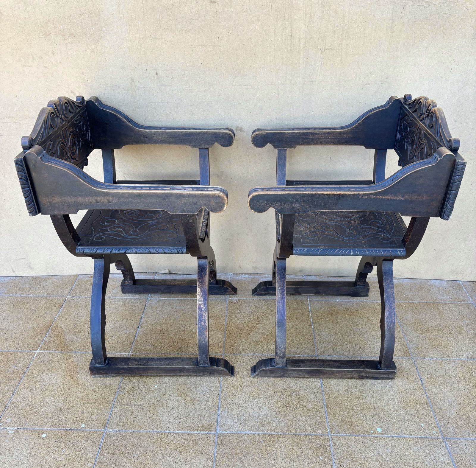 Pair Of Spanish Renaissance Revival Carved Savonarola Chairs, Early 20th Century photo furniture