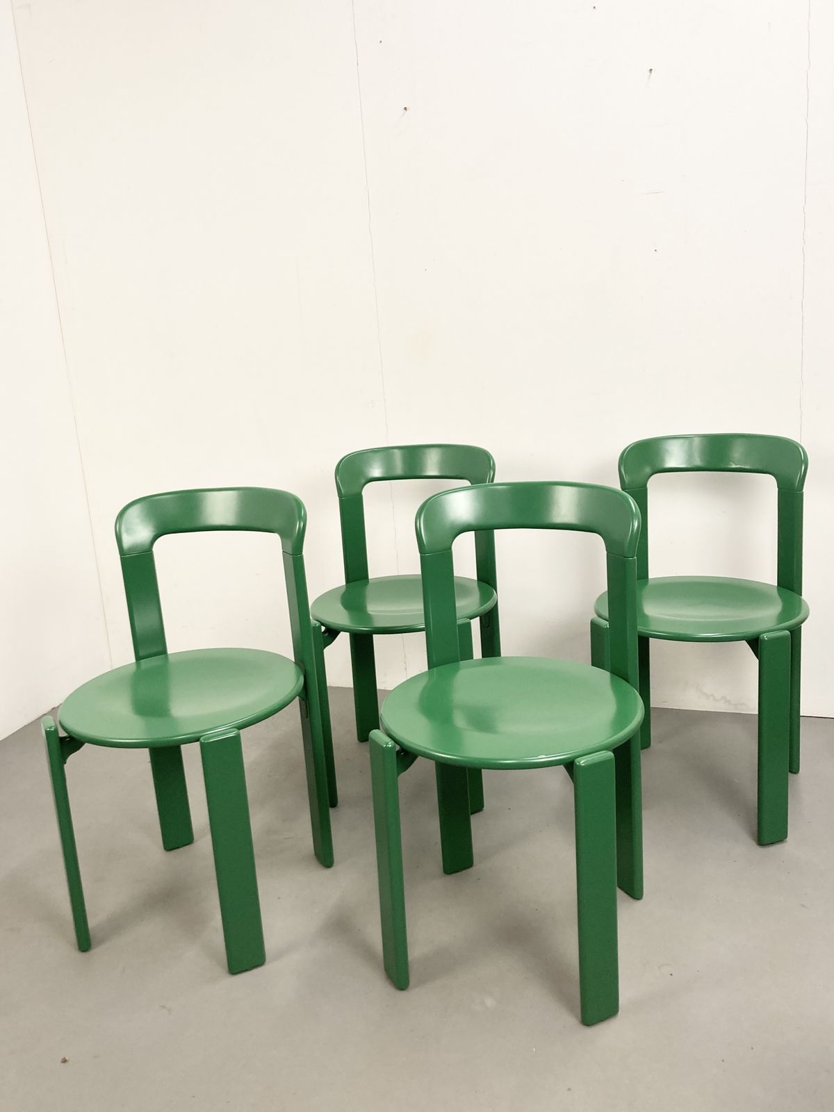 Original Vintage Mid Century Bruno Rey Beech Chairs In Green For Dietiker, Set Of 4, Switzerland 1970s