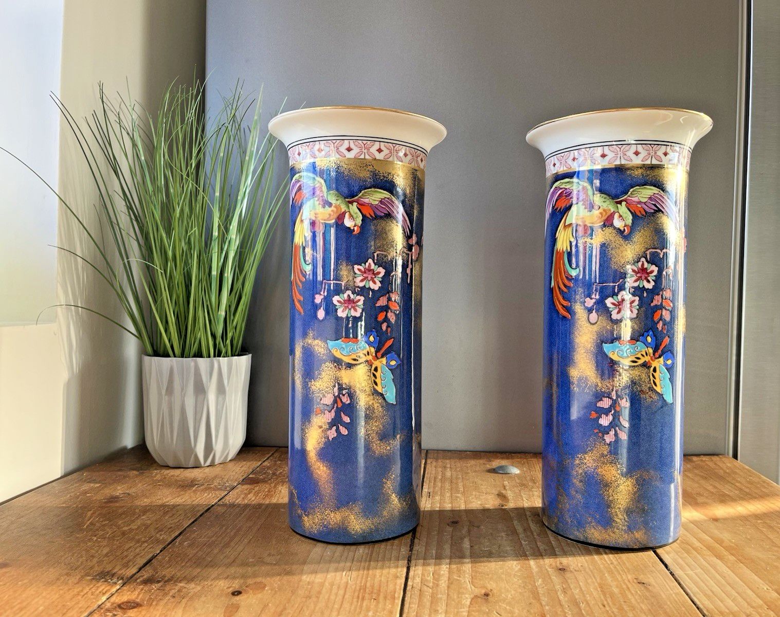 Superb Pair Of Art Deco Falcon Ware Parrot Butterfly Mantel Vases Carlton Style photo for sale