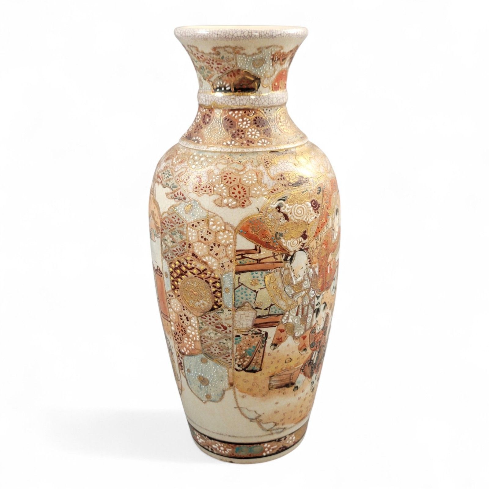 Kyoto Satsuma Vase, Courtly Procession & Karako, Heavy Moriage, C.1890–1910 photo for sale