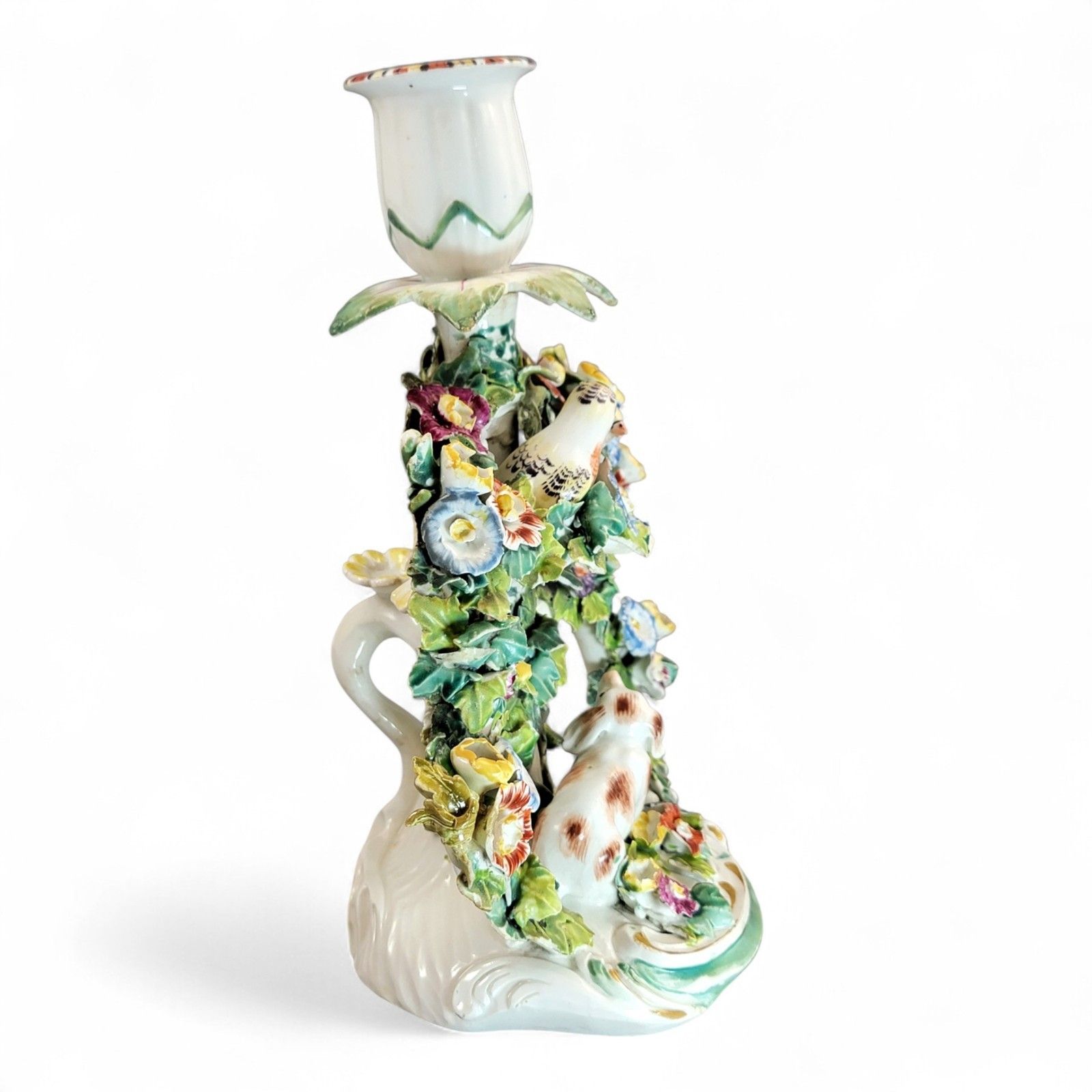 Georgian Derby Porcelain “Fable” Candlestick C.1760, Dog & Birds, Rococo Base photo for sale