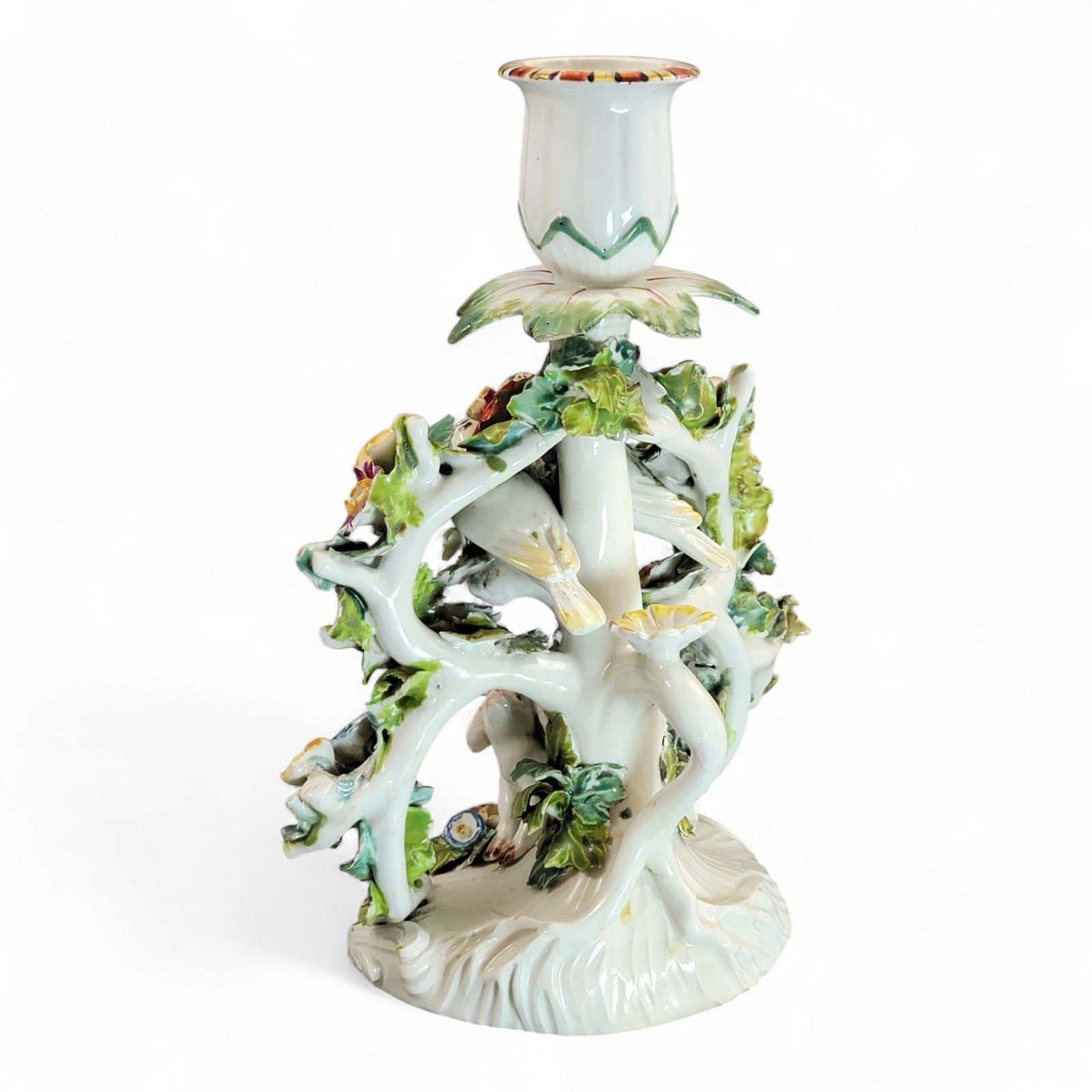Georgian Derby Porcelain “Fable” Candlestick C.1760, Dog & Birds, Rococo Base photo 2200.0