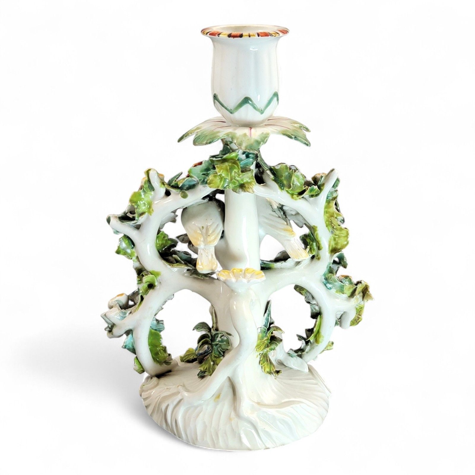 Georgian Derby Porcelain “Fable” Candlestick C.1760, Dog & Birds, Rococo Base photo vinterior