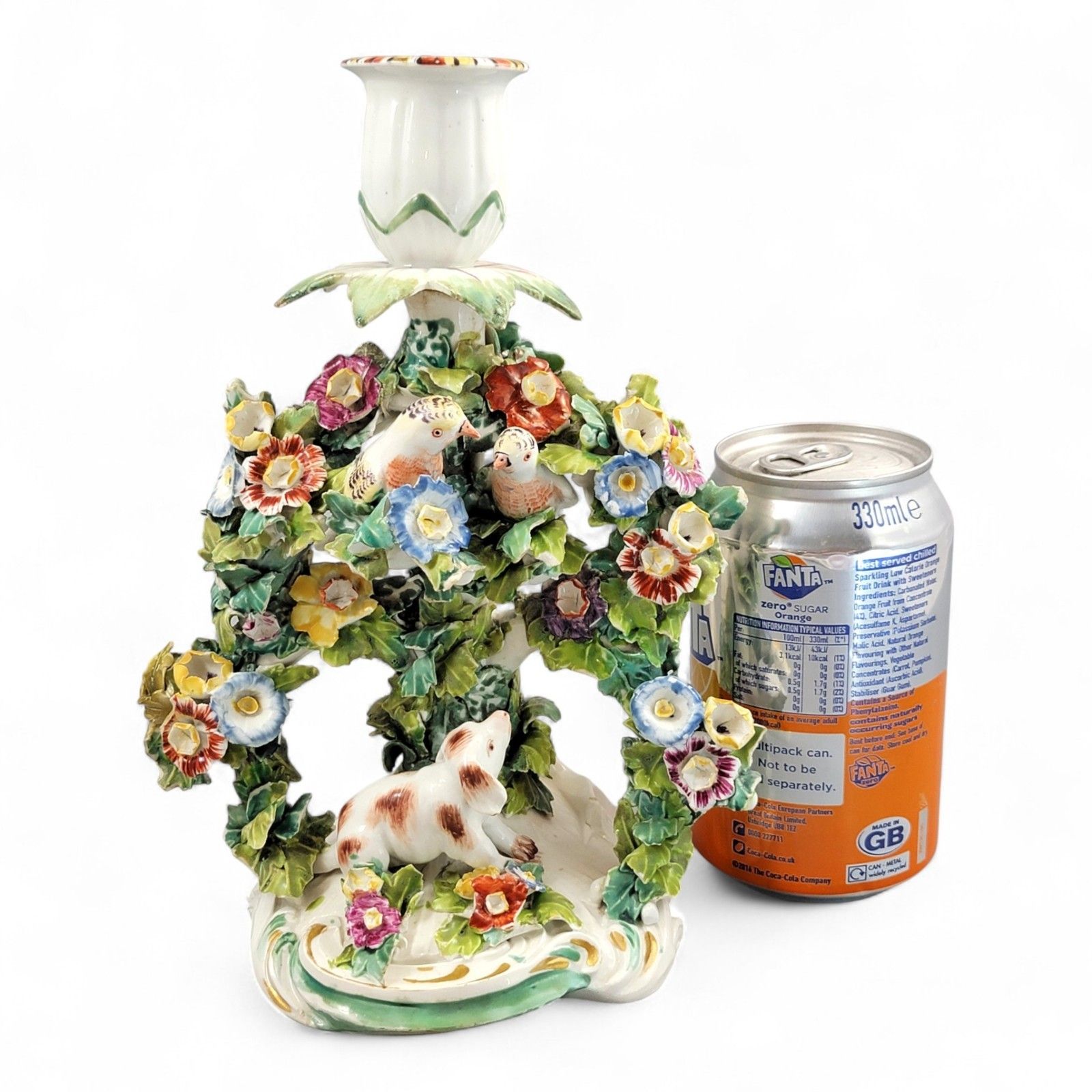 photo vinterior Georgian Derby Porcelain “Fable” Candlestick C.1760, Dog & Birds, Rococo Base