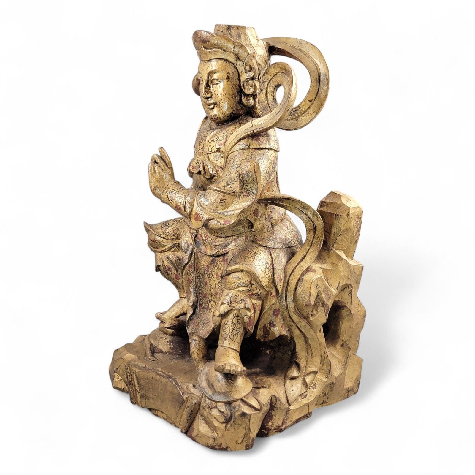 Large 19th Century Chinese Temple Guardian “Zhenwu”, Gilt Painted Wood Figurine photo for sale
