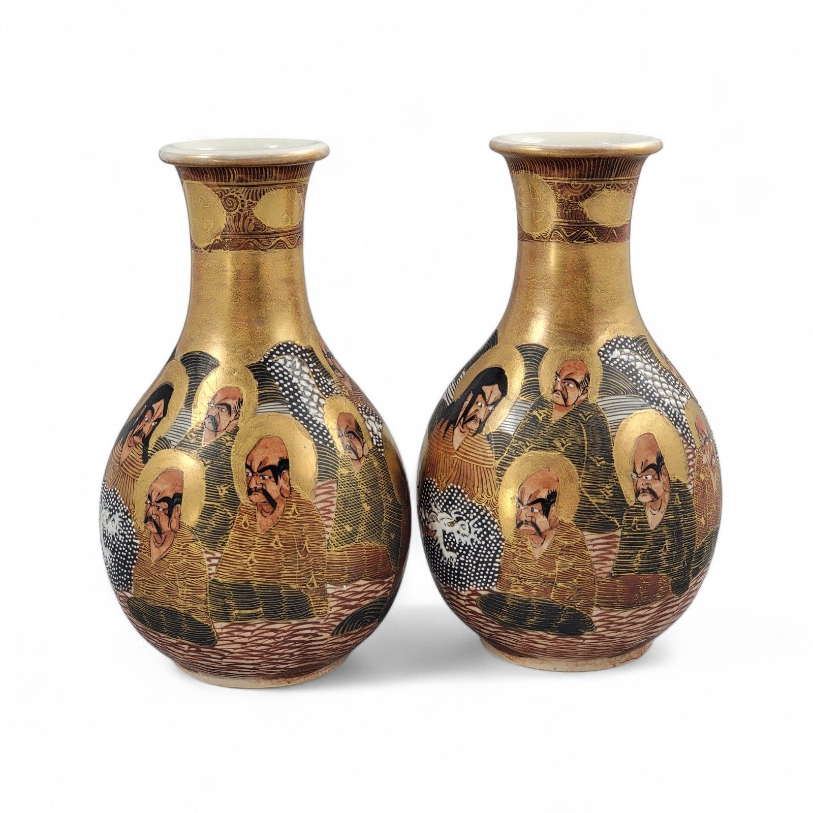 Antique Japanese Satsuma Gilt Vases Pair, Kyoto Arhats Design, C. 1890–1910 photo furniture