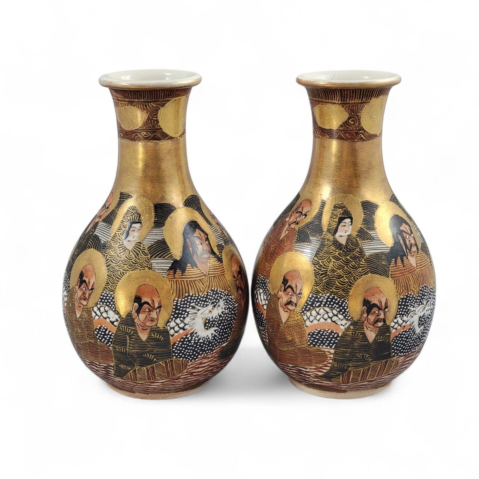 Antique Japanese Satsuma Gilt Vases Pair, Kyoto Arhats Design, C. 1890–1910 photo vinterior