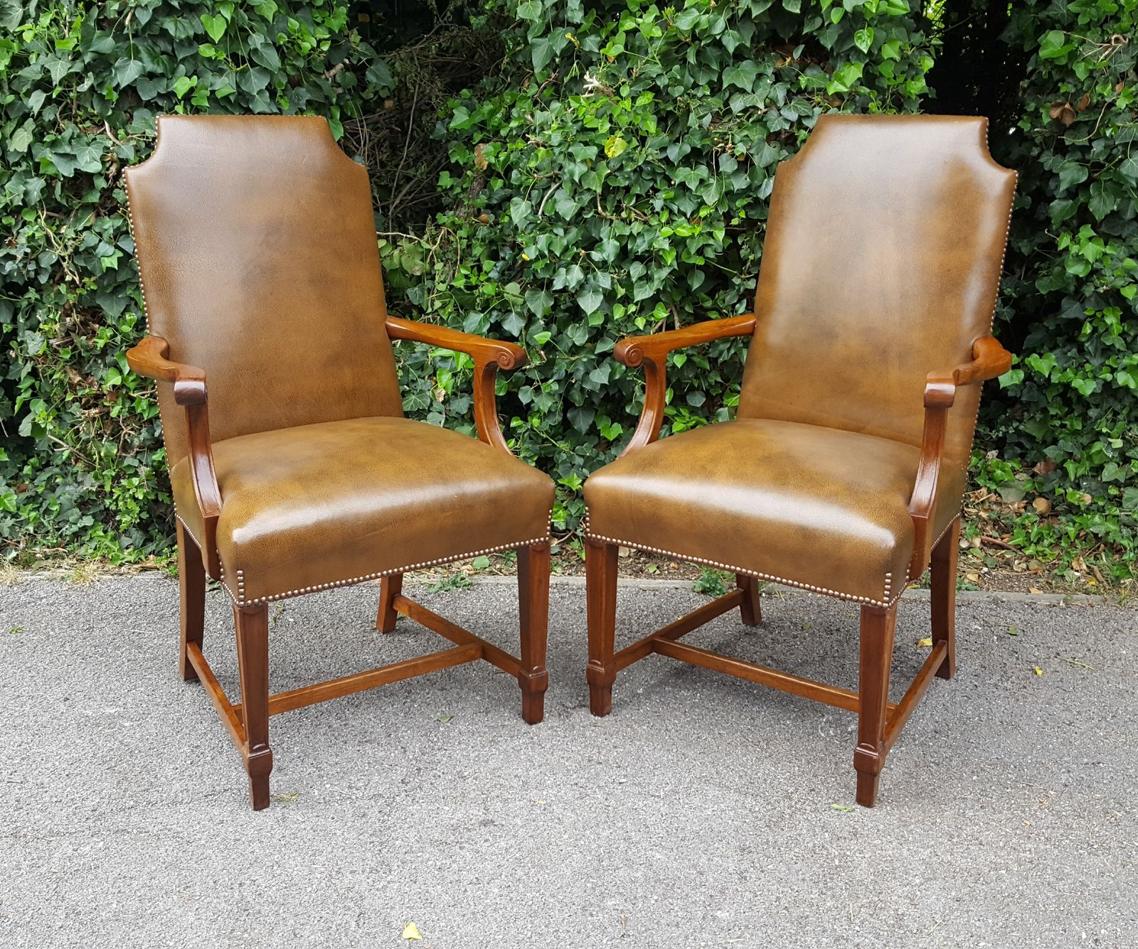 Matching Pair Of Mahogany & Brown Leather Office Chairs photo furniture