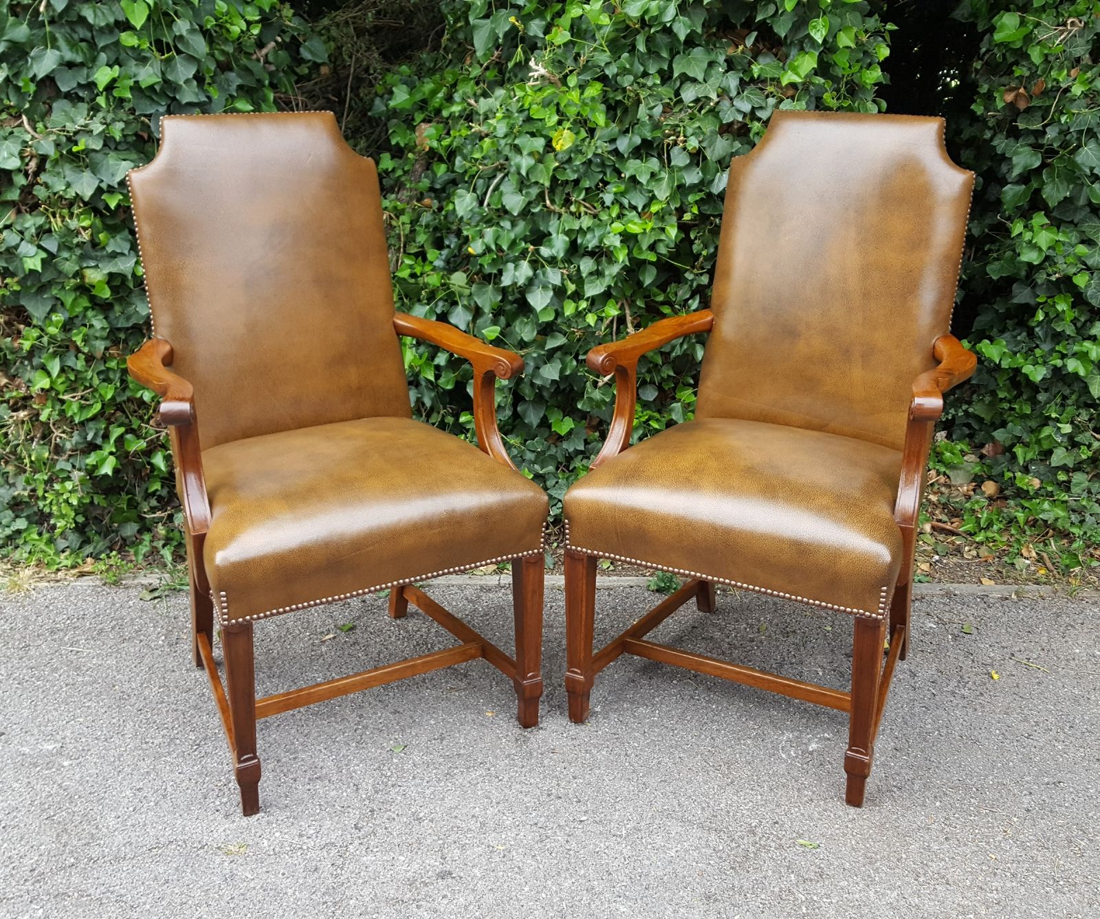 Matching Pair Of Mahogany & Brown Leather Office Chairs