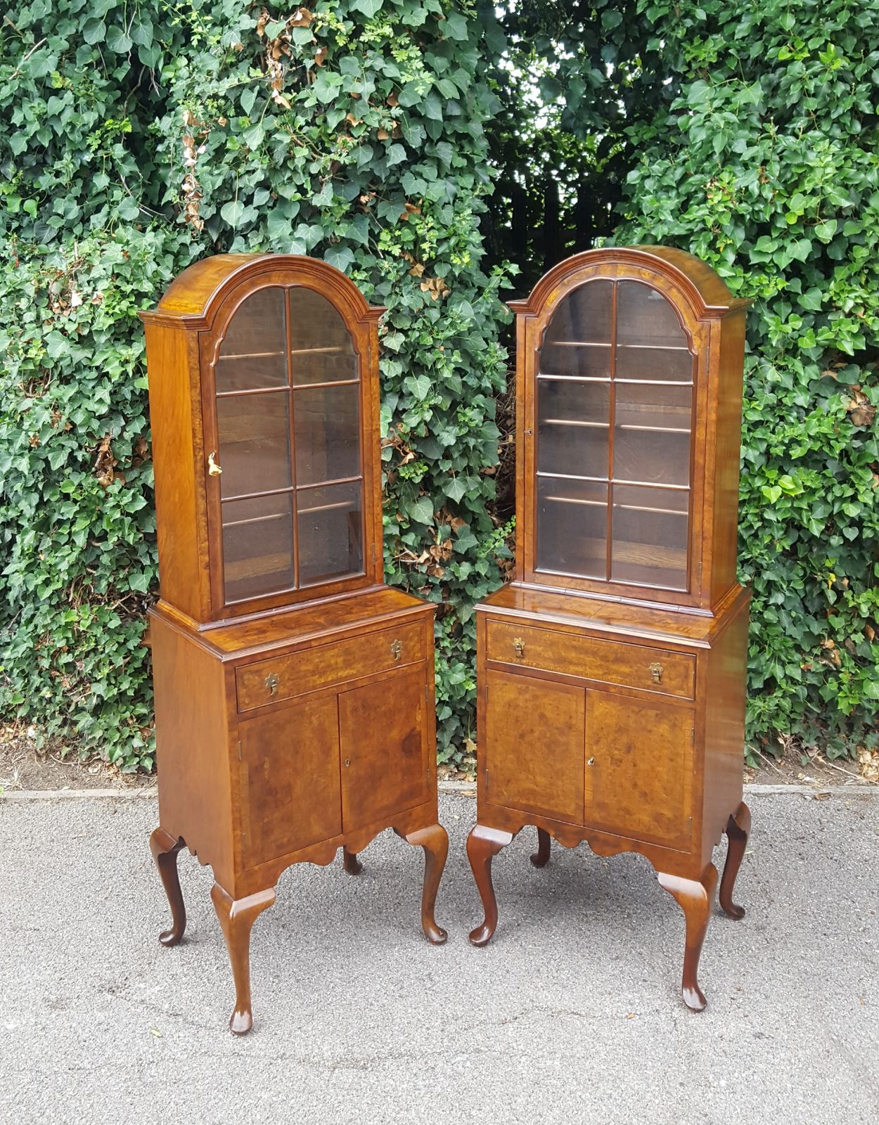Pair Queen Anne Walnut Bookcase Display Cabinets On Base photo 2495.0