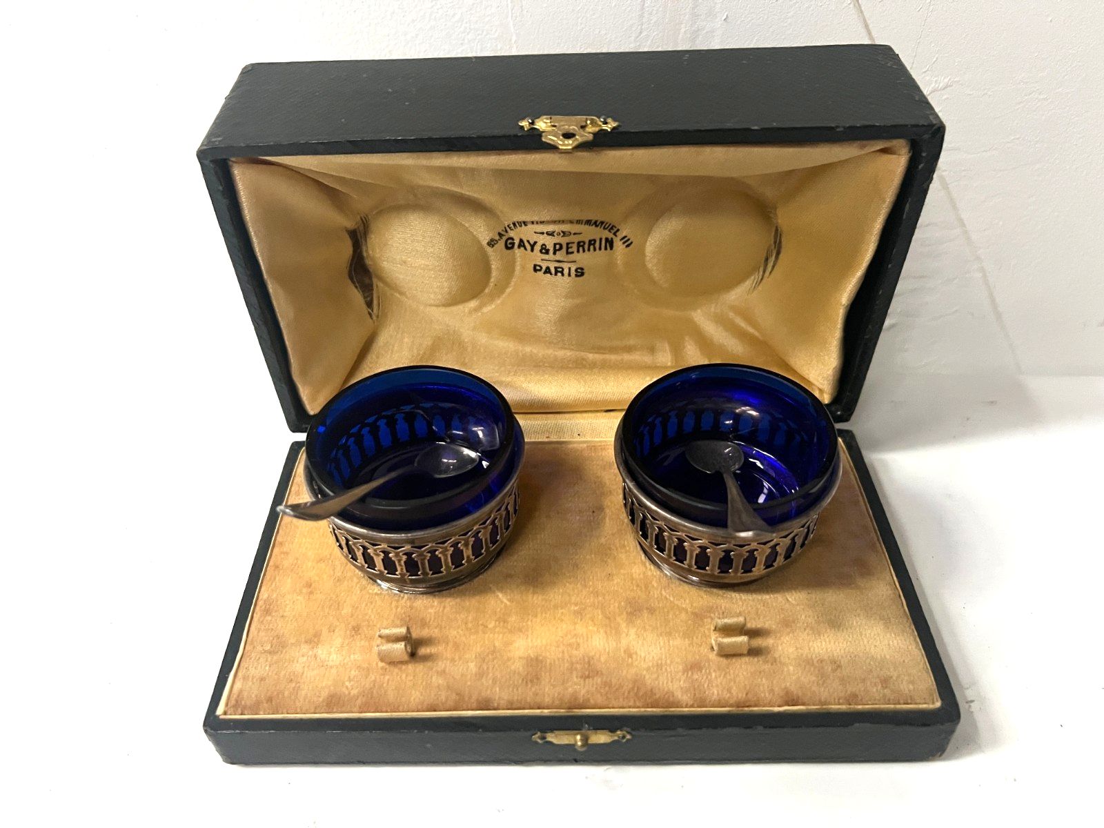 Salt And Pepper Box In Silver Metal And Bluish Glass 20th Century photo for sale