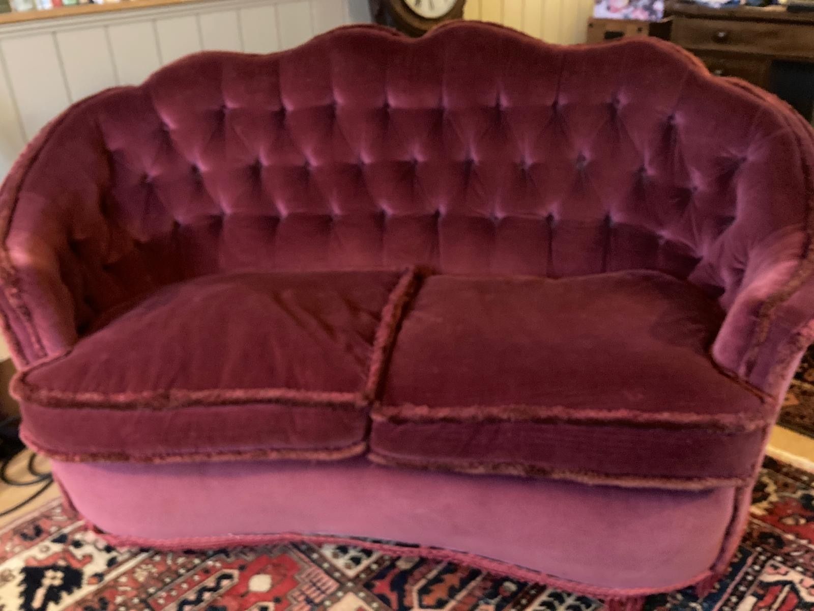Pair Of Ruby Red Antique Wood Framed Tub Sofas photo 300.0