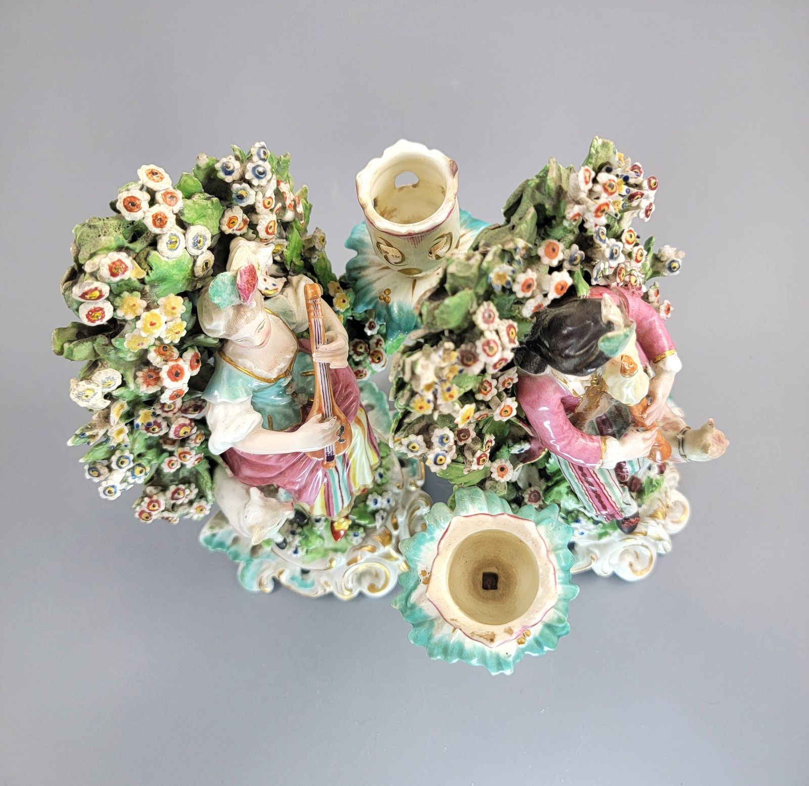 photo for sale Derby Patch Mark Porcelain Musicians Candlesticks, C. 1765–1770