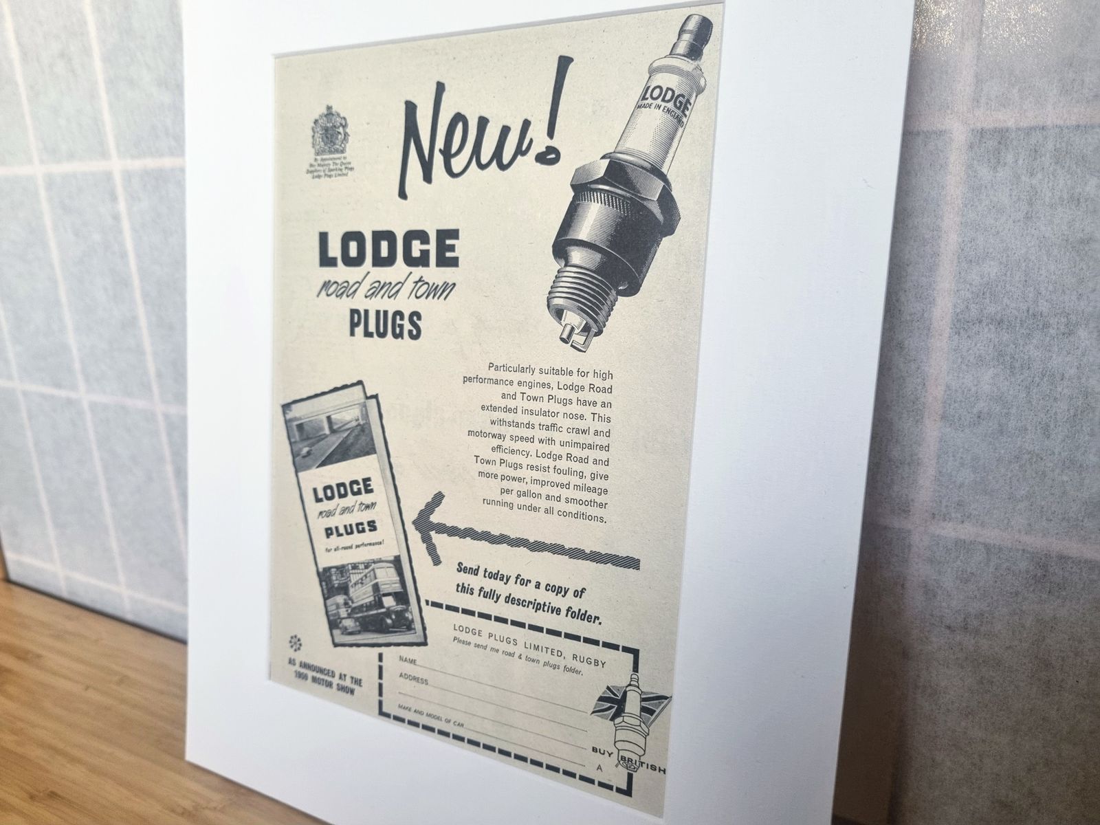 Vintage Motor Advert Print, Lodge Road Town Plugs, 1950s British Spark Plug Advertisement, Classic Car Wall Art, Mounted