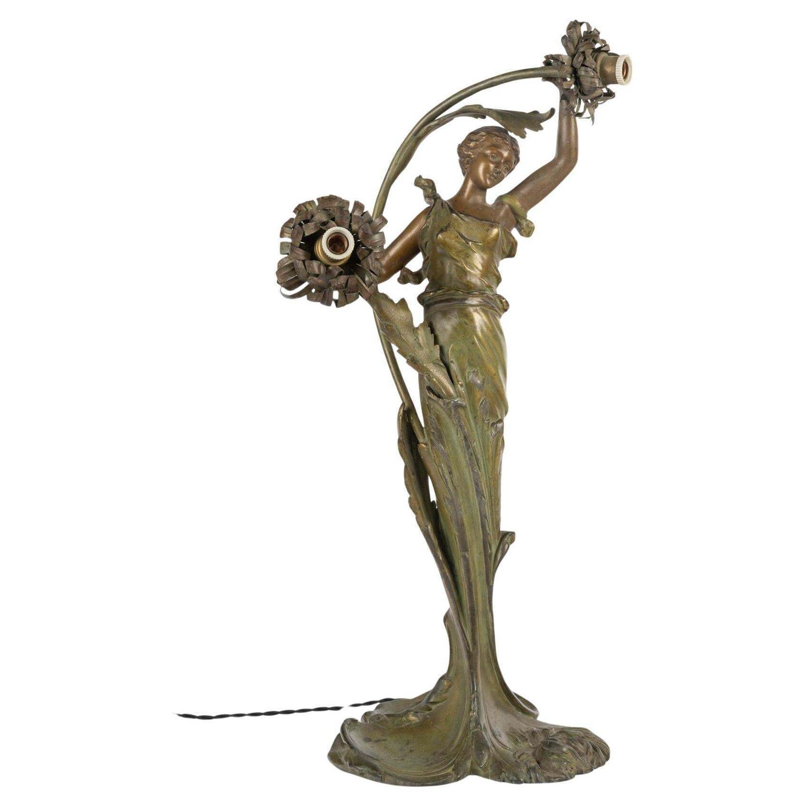 Art Nouveau Period Table Lamp, Circa 1900, Depicting A Woman With A Water Lily.