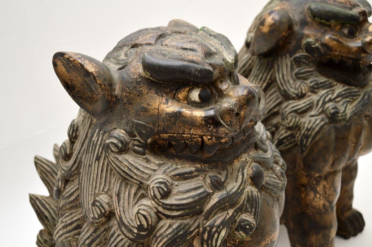 Pair Of Antique Chinese Carved Wood Foo Dog Statues photo vintage