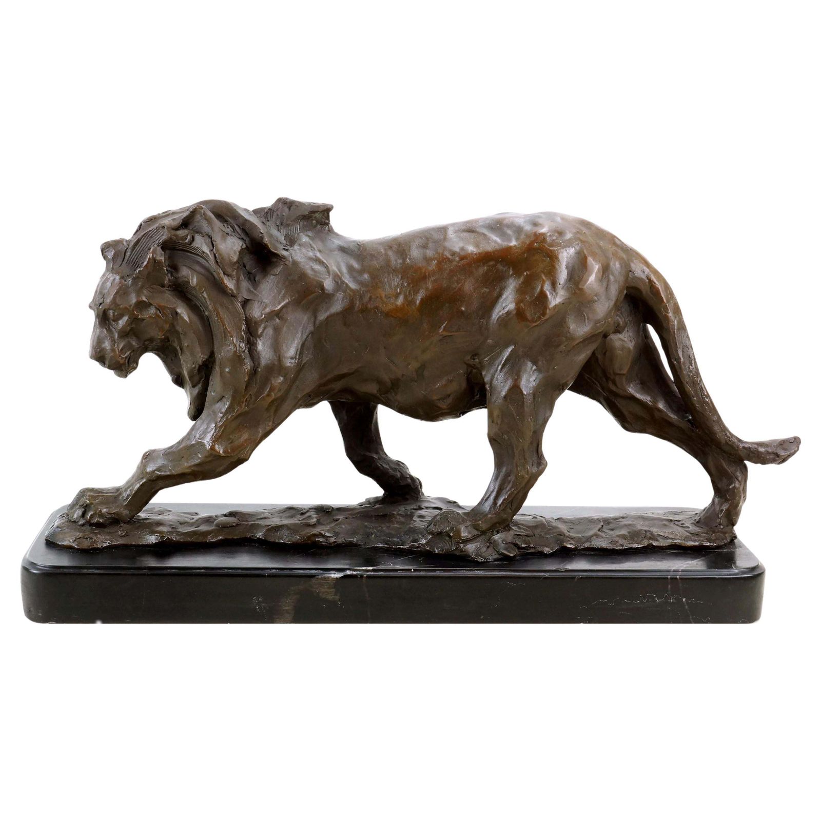 Statue Of A Walking Lion In The Style Of Rembrandt Bugatti. Bronze Sculpture.