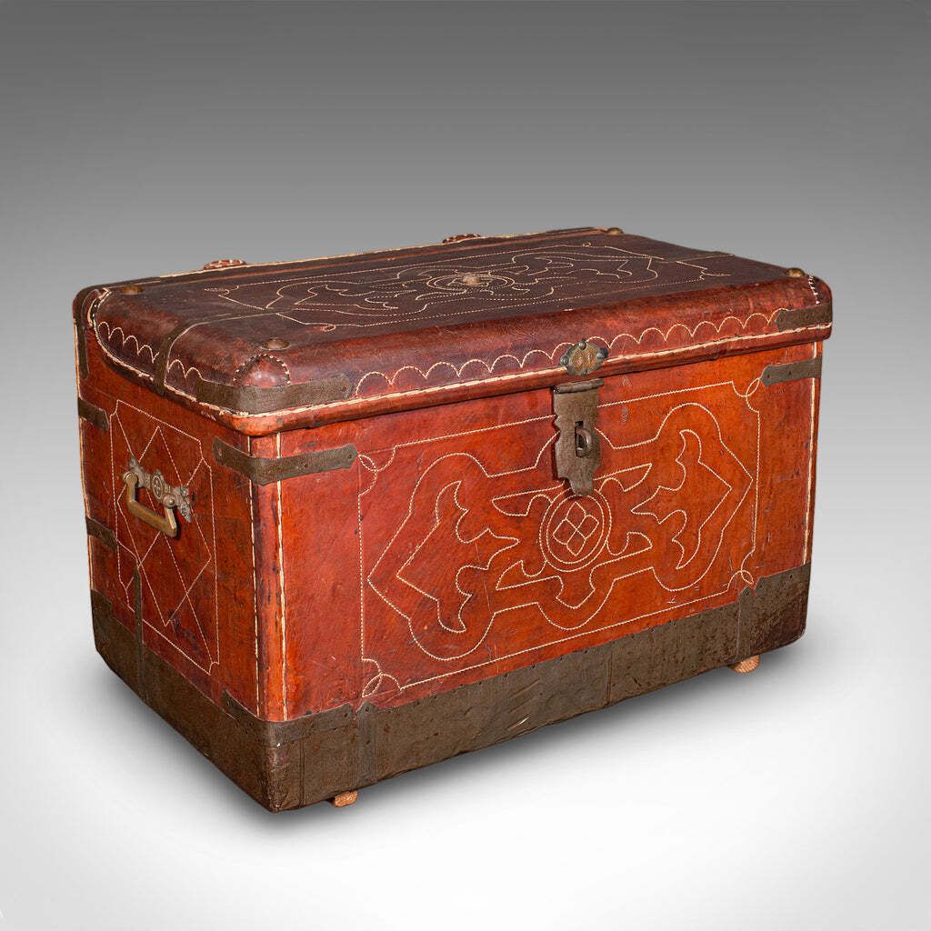 Antique Casablanca Travel Trunk, African, Leather, Portmanteau Case, Edwardian photo furniture