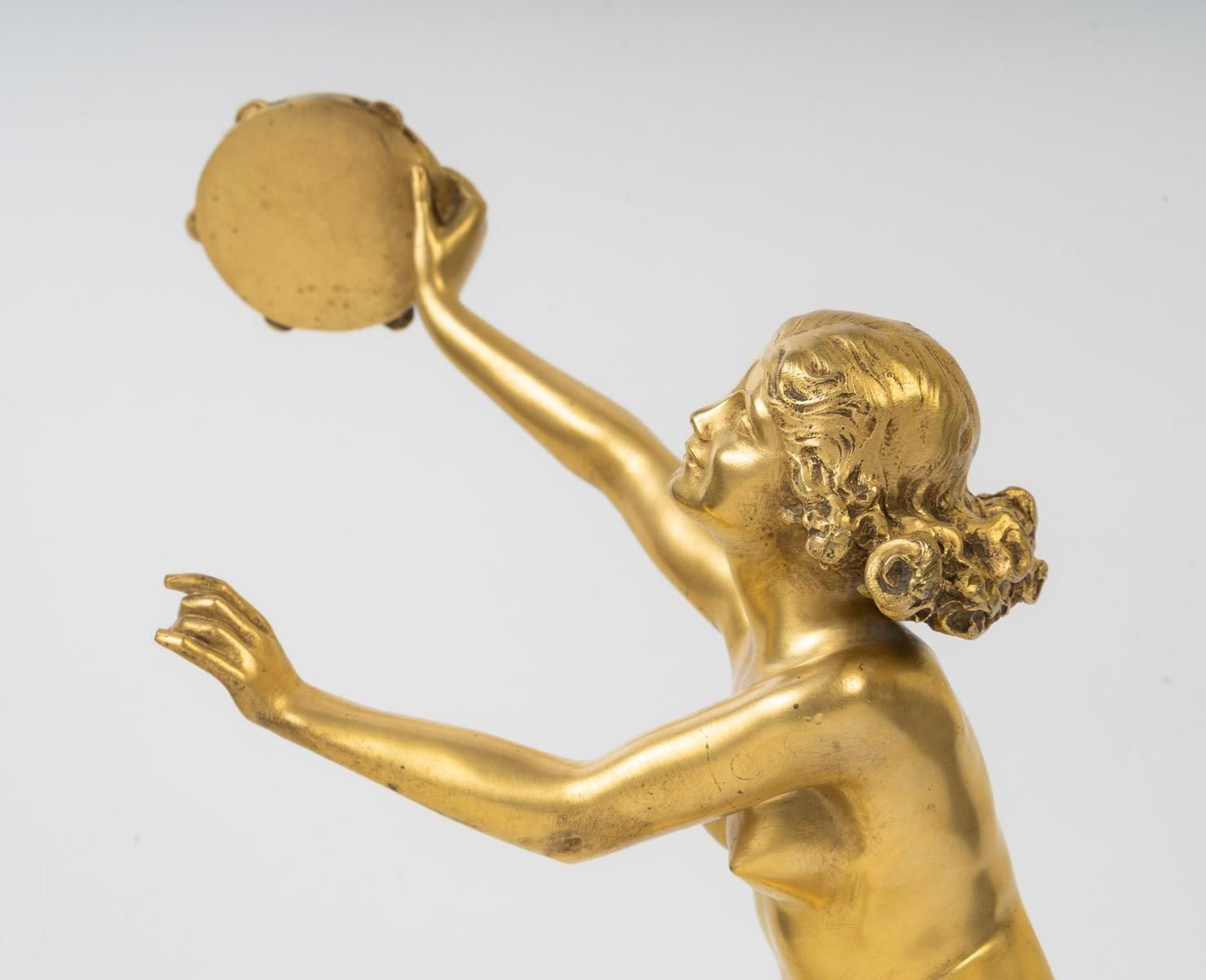 Dancer With A Tambourine, Gilt Bronze Sculpture, Art Deco Period, Circa 1930. photo vintage