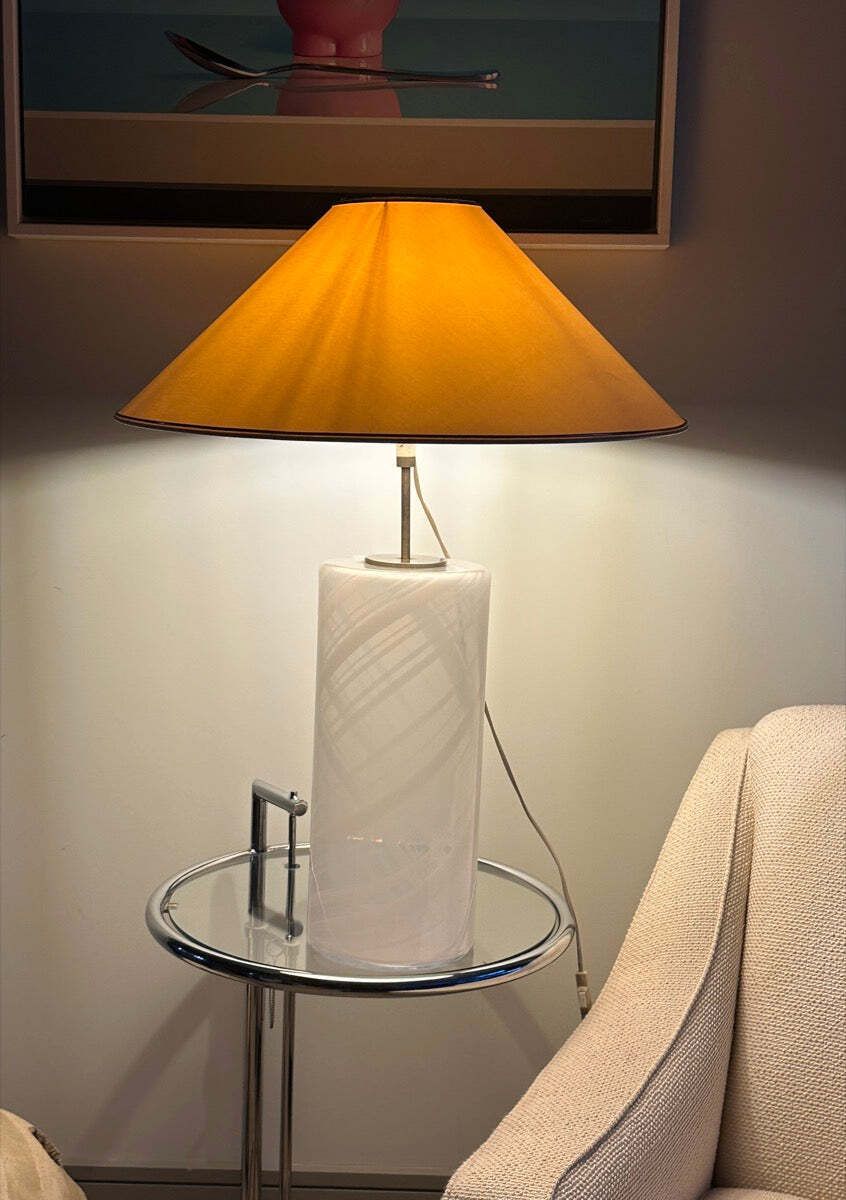 1980s ‘Misty’ Torben Jorgensen For Holmegaard Cylindrical Opaque Swirled Glass Table Lamp Inc Shade photo vintage