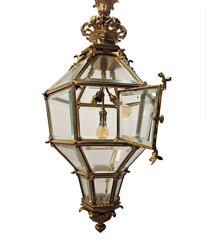 A Very Rare Early 20th Century Gilded Bronze Hall Lantern With Bevelled Glass photo furniture