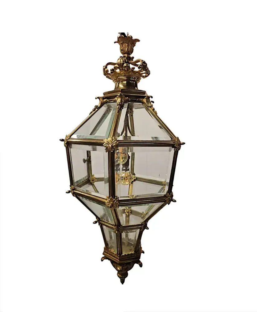 A Very Rare Early 20th Century Gilded Bronze Hall Lantern With Bevelled Glass photo Lighting