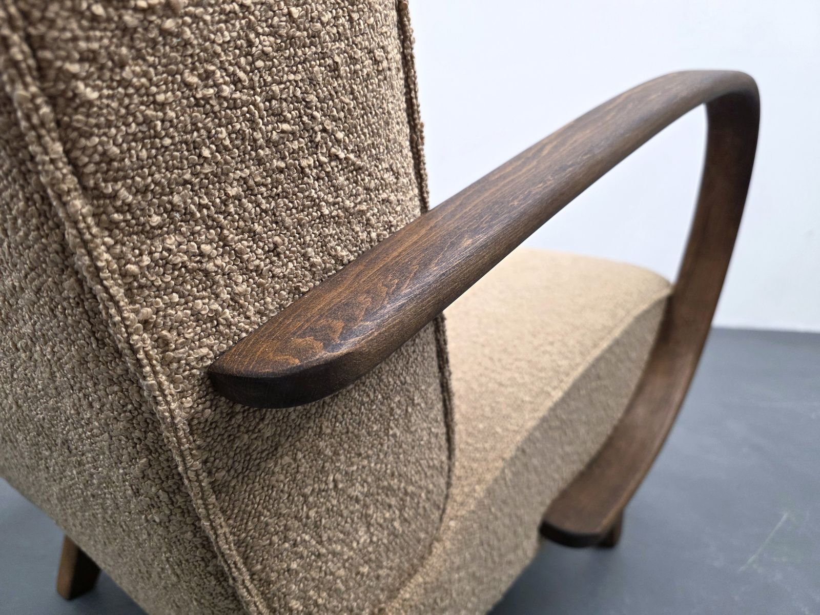1930 Jindrich Halabala Bentwood Armchair In Dark Beige Boucle photo furniture