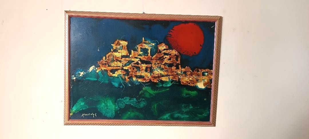 Abstract Painting Gold Leaf And Enamel Enzo Kocevar 70s photo furniture
