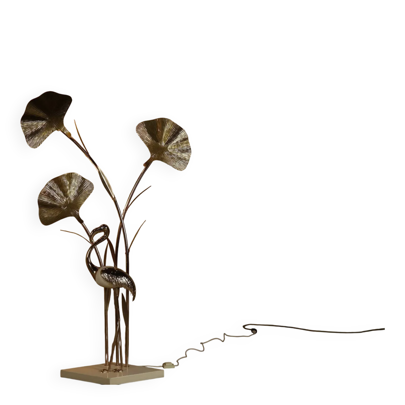 Large Brass Flamingo Floor Lamp With Sculptural Ginkgo Leaves, 1970s