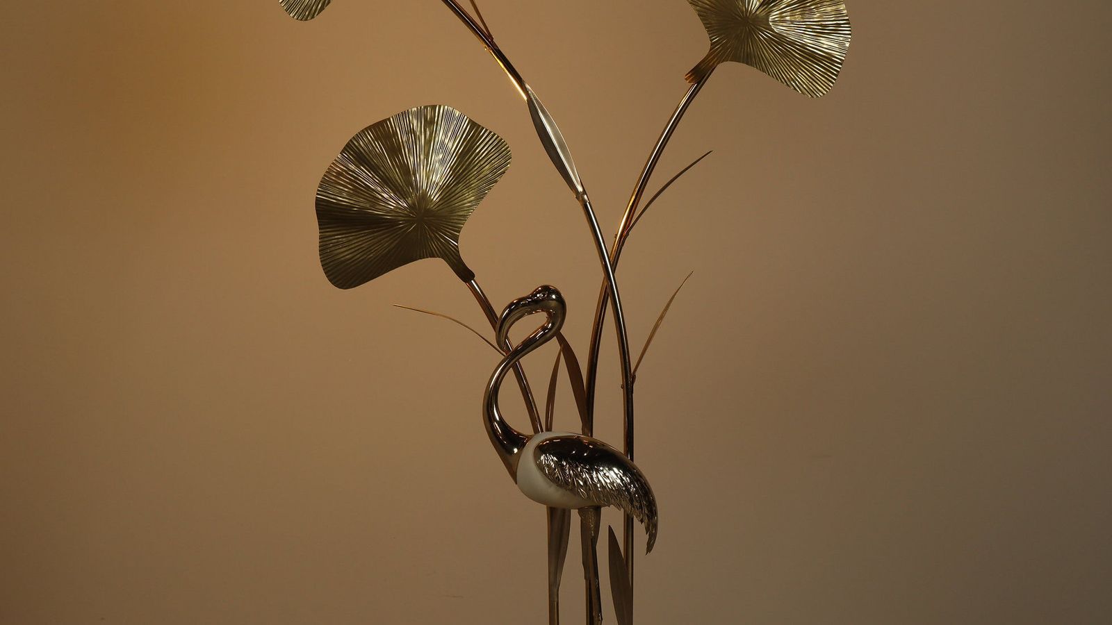 Lighting Large Brass Flamingo Floor Lamp With Sculptural Ginkgo Leaves, 1970s photo