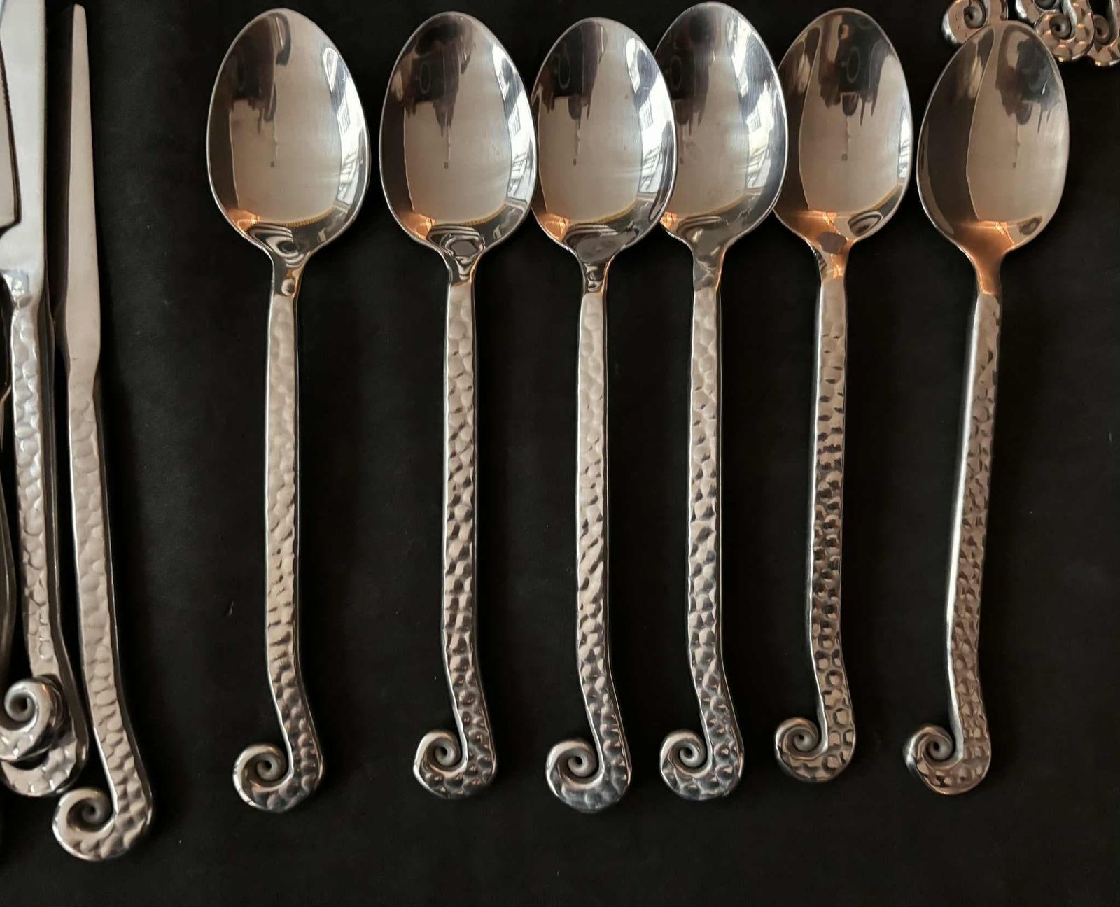 Vintage French Swirl Twist Flatware Set   24 Piece Hammered Medieval Style Stainless Steel photo for sale