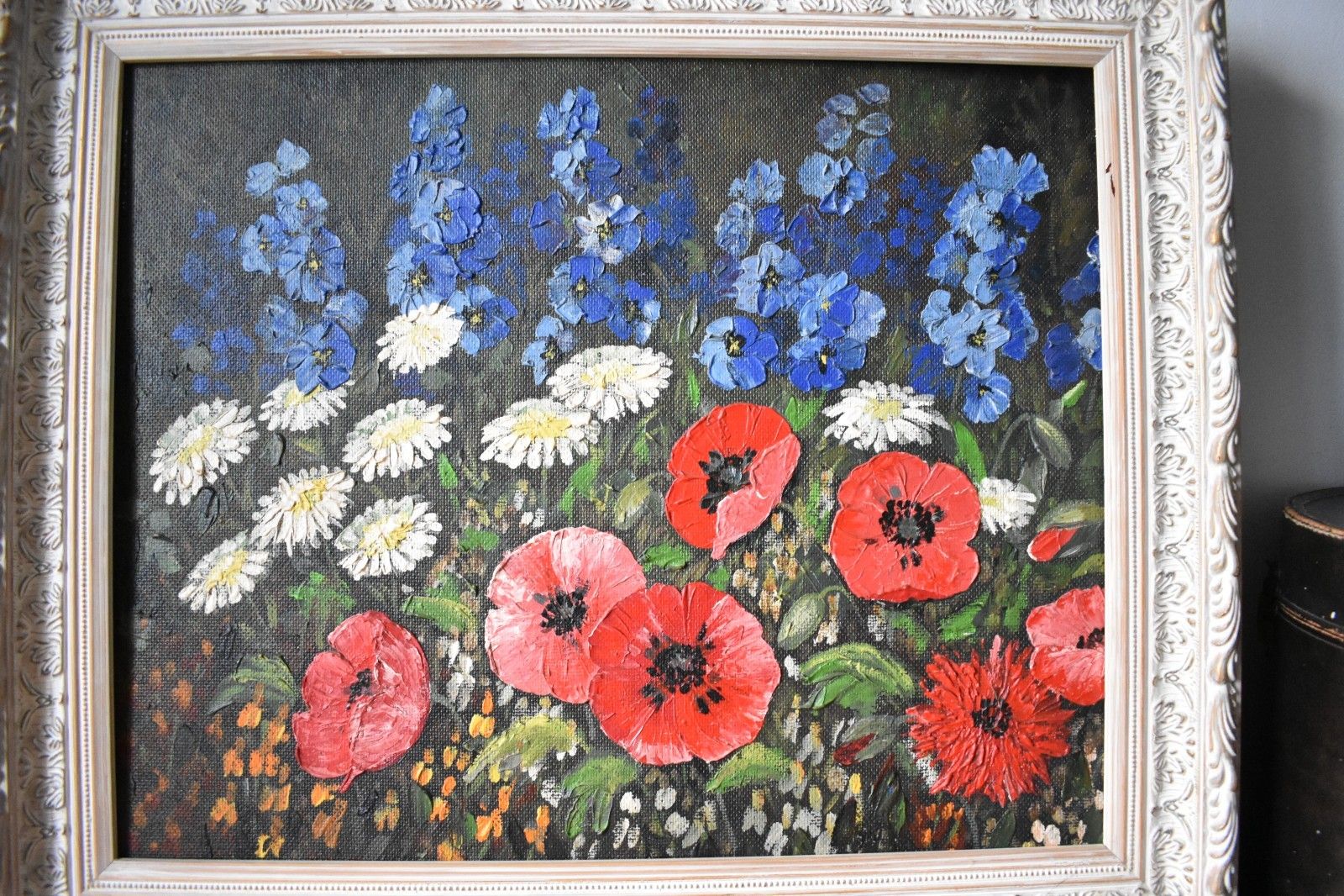 photo vinterior Large Original Vintage Floral Acrylic On Board Painting Wooden Ornate Frame (M)