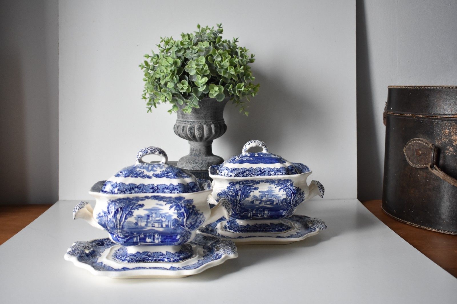 Vintage Masons Blue Vista X 2 Tureen With Lid And Stand Ironstone England (L) photo for sale