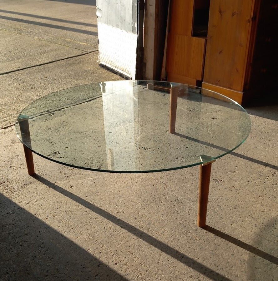 Glass Topped Minimalist Style Coffee Table With Teak Legs photo for sale