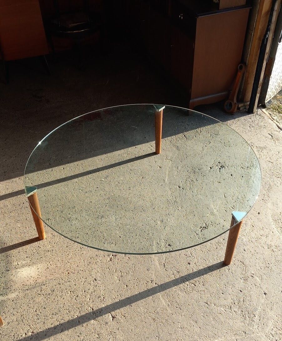 Glass Topped Minimalist Style Coffee Table With Teak Legs photo vintage
