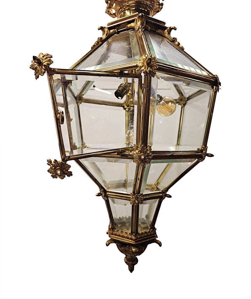 photo for sale A Very Rare Early 20th Century Gilded Bronze Hall Lantern With Bevelled Glass